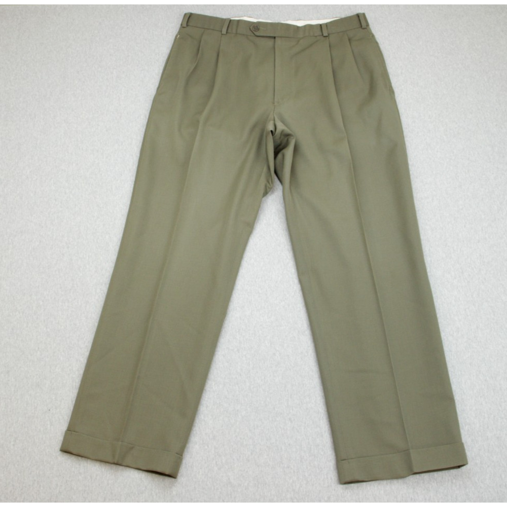 Brooks Brothers 346 Pants Mens 36x30 Green 100%‎ Wool Cuffed Pleated